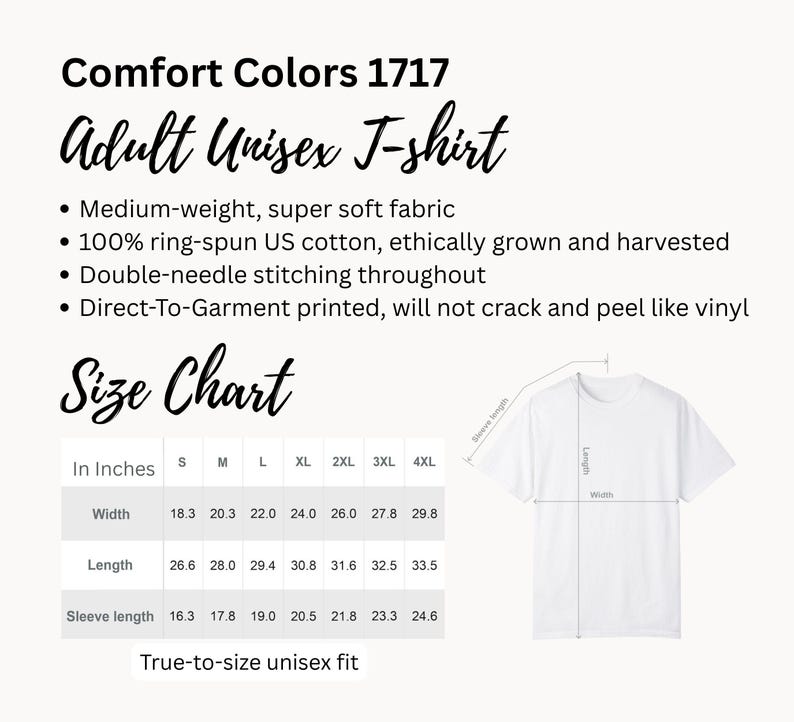Puede incluir: Camiseta unisex blanca para adultos con una tabla de tallas. La tabla muestra las medidas en pulgadas para el ancho, el largo y el largo de la manga. La camiseta est&aacute; hecha de tejido de peso medio, s&uacute;per suave, 100% algod&oacute;n estadounidense hilado en anillos.