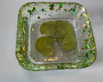 April 12th - Lucky Four-Leaf Clover Catchall Tray | Real Clover Trinket Dish | Glitter Jewelry Holder | Handmade Gift