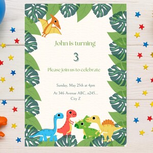 Modello modificabile per invito di compleanno a tema dinosauri, invito per festa a tema dinosauri per bambini, biglietto di compleanno stampabile, download immediato, modello Canva, 5x7"