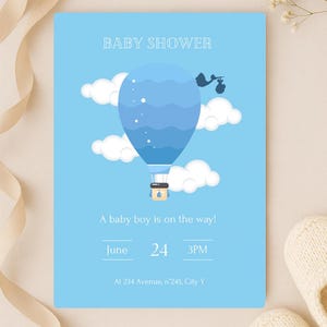 Modelo de convite para chá de bebê menino canva - balão de ar quente azul editável - convite digital para chá de bebê - 5x7”