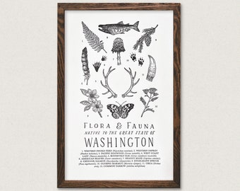 Washington Wildlife Field Guide Print - WA Outdoors Flora Fauna Wall Art