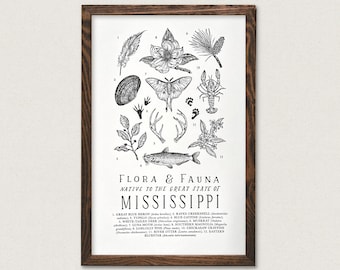 Mississippi Wildlife Field Guide Print - MS Outdoor Flora Fauna Wall Art