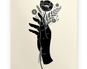 Botanical Hand 11x14 Print - Screenprinted Floral Boho Style Wall Art