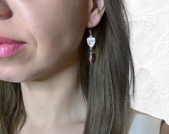 White Ceramic Heart Earrings with Pink Flowers, Shabby Chic Floral Dangles, Porcelain Heart Jewelry, Romantic Elegant Style