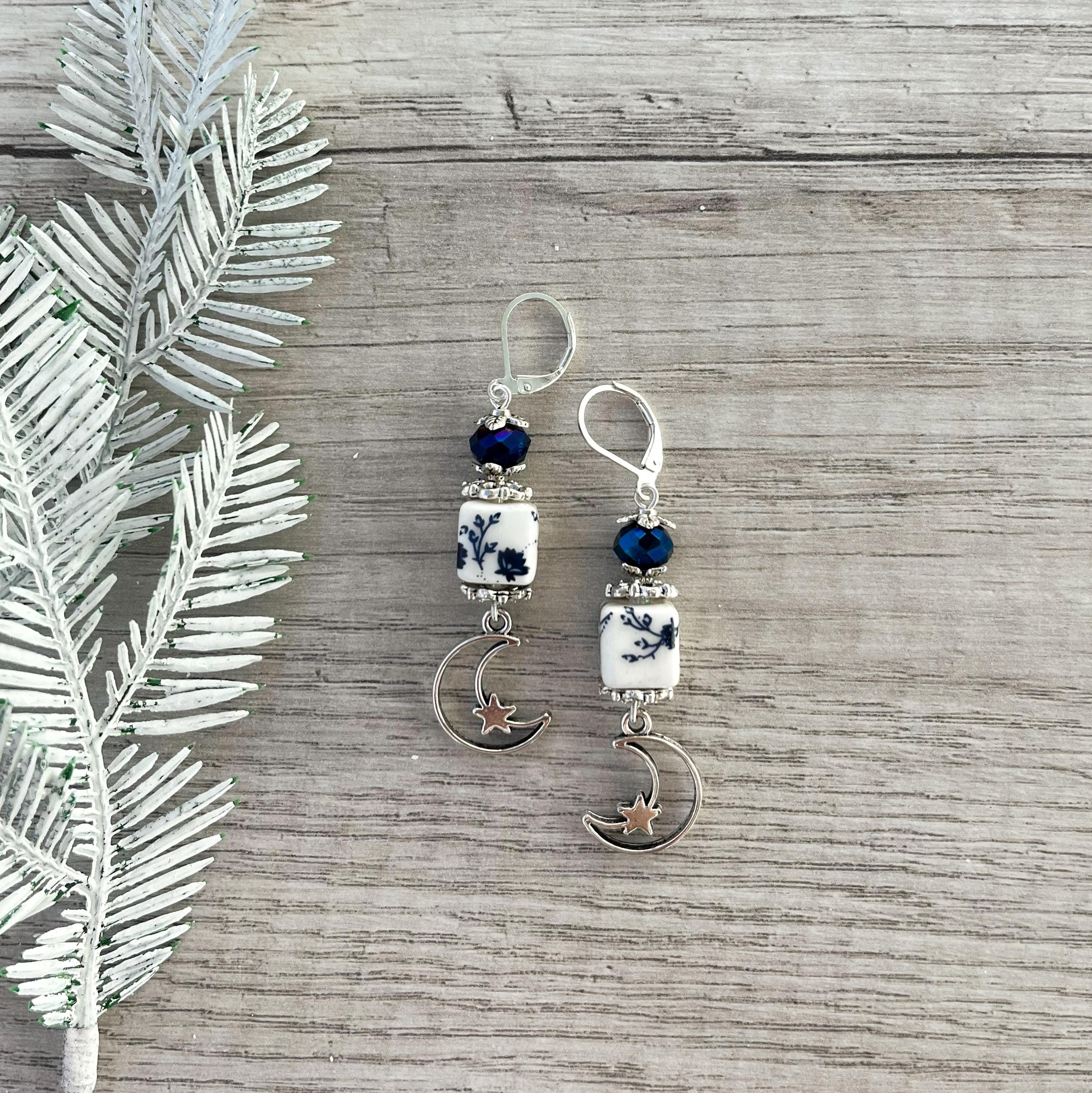 Orecchini in argento sterling 925 con pianeta blu e luna