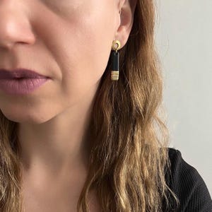 Black Rectangle Clay Earrings with Gold Glitter, Long Slim Geometric Dangle, Modernist Rectangular Polymer Drops, Minimalist Bar Jewelry