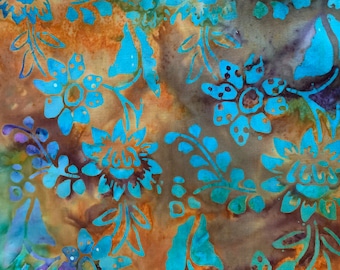 Bali Batik Fall Floral Quilting Fabric - Hand-Dyed Botanical Batik Quilt Fabric - FQ - Teal And Chocolate Fabric - OOAK and VHTF Fabric