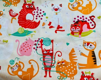 Alexander Henry Modern Quilting Fabric, Whiskers Cat Quilt Fabric, OOP, HTF, Kids Quilt, Colorful Remnant Fabric, Whiskers Cat Fabric.