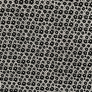 May include: A white background with a repeating pattern of small black flowers. The flowers are simple and have five petals.