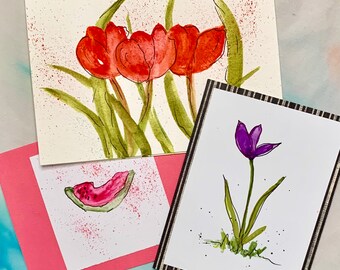 Original Watercolor 3 Blank Floral/Watermelon Card Set