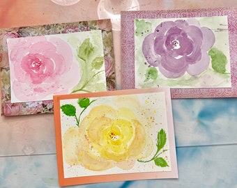 3 Rose Original Watercolor Cards