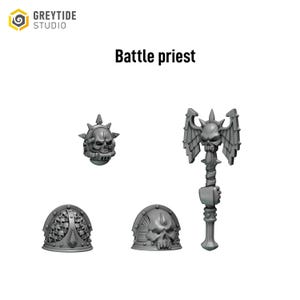 May include: A collection of grey miniature war game components, including a skull-shaped helmet, shoulder pads, and a winged skull axe. The text "Battle priest" is displayed above the components.