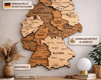 Wooden 3D map of Germany with detailed carving and engraving