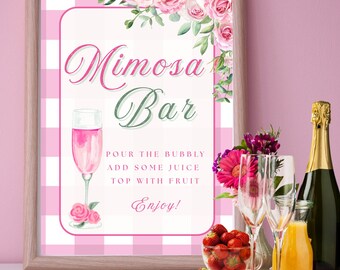 Mimosa Bar Schild - Pink Gingham Floral Printable | Brautparty, Babyparty, Brunch-Zeichen | 8x10 Digital Download