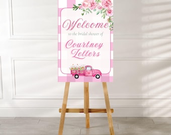 Brautparty Willkommensschild - Frisch vom Markt | Rosa LKW-Blumenschild | Bearbeitbare Canva Vorlage | 24x36 Digitaler Download