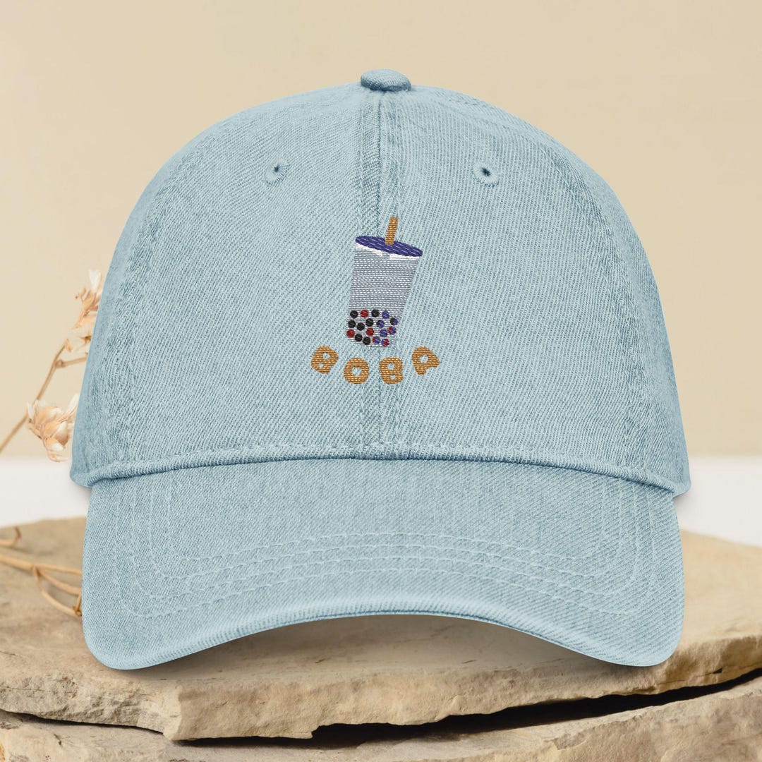 Embroidered Denim Hat, Minimalist Kawaii Boba Tea Cap - Cute Baseball ...