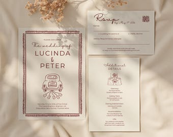 Custom Wedding Invitation Suite | Hand-Drawn Venue Art, 5x7 Invites (Stationery UK)