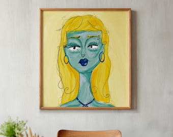 Cyan Woman Portrait Art Print: Dreamy Surreal Illustration