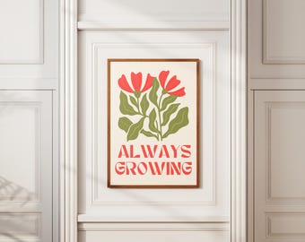 Floral Inspirational Quote Print – Always Growing, Botanical Art (Digital Download)