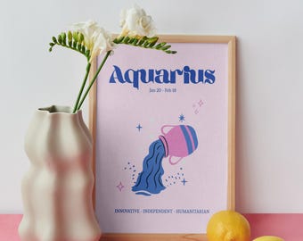 Aquarius Zodiac Wall Art Printable | Astrology Digital Download | Pastel Star Sign Print | Aquarius Poster | Instant Download Home Decor
