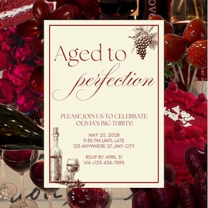 Op de afbeelding: Een crème-kleurige uitnodiging met de tekst "Aged to Perfection" voor een verjaardag. Het ontwerp bevat illustraties van een wijnfles, een glas en druiven, met een achtergrond van wijn en cake.