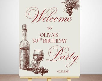 Wine Theme Birthday Welcome Sign | Editable Party Decor (Digital Download)