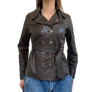 Women Black Leather Blazer With Lapel Collar | Handmade Double Breasted Belted Blazer Coat | Formal Leather Blazer