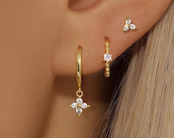 3PCS Zircon Hoop Earring Set, 18K Gold Plated Stainless Steel Studs