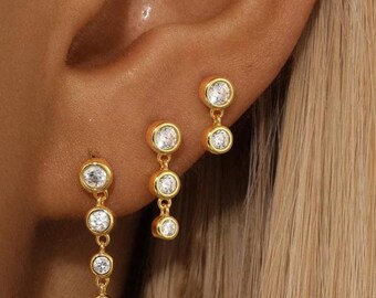 3-Piece Sterling Silver Zircon Drop Earrings Set, Gold Plated Minimalist Studs