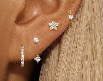 Zirkon Hoop Ohrringe Set, Gold Silber Edelstahl Huggie Blumen Ohrstecker, Minimalist Piercing Schmuck