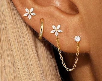 18K Gold Plated Zircon Flower Earring Set: Stainless Steel Chain Studs (3PCS)