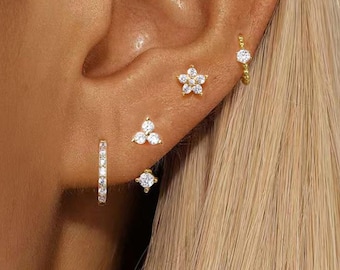 4PC Stainless Steel Cubic Zirconia Hoop Stud Earring Set, Minimalist Gold Silver Tone