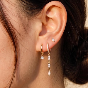 Conjunto de 3 piezas de pendientes de cristal CZ, aros pequeños de acero inoxidable, pendientes colgantes delicados, joyería apilable de oro y plata, regalo para ella.