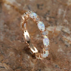Fire Opal Eternity Ring, Dainty Stacking Ring, October Birthstone, Rose Gold & Silver Band, Gift for Her, Opal Wedding Band, Birthday Gift