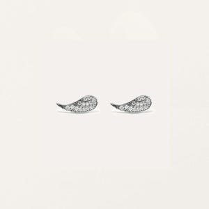 May include: A pair of silver-toned stud earrings, each shaped like a small wing. The wings are encrusted with numerous small, clear gemstones, creating a sparkling effect. The earrings are set against a plain white background.