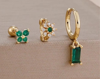 Gold Hoop Earring Set, Zircon Butterfly Stud, Colorful Gemstone Huggies