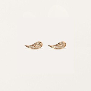 May include: A pair of rose gold stud earrings in a wing design, encrusted with small, sparkling clear gemstones. The earrings are displayed on a white background.