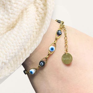 Pulsera de ojo malvado chapada en oro de 14 quilates: joyería protectora de acero inoxidable