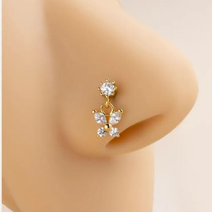 Butterfly Nose Stud: 20G Stainless Steel Gothic Piercing with Crystal