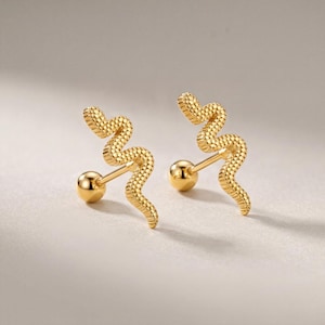 Può includere: Un paio di orecchini a lobo color oro con un design ondulato e testurizzato a forma di serpente. Ogni orecchino è composto da un perno con chiusura a sfera rotonda e da un elemento decorativo a forma di serpente con una superficie dettagliata e irregolare.