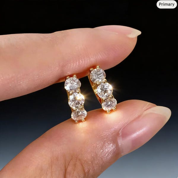 VVS1 Moissanite Hoop Earrings, Gold Plated Sterling Silver, Classic Three-Stone Design