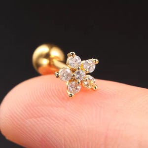 Floral Cartilage Stud Earring: Cubic Zirconia, Stainless Steel Screw Back