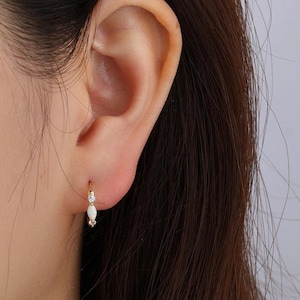 Minimalist Opal Huggie Hoop Earrings, Dainty Gold & Silver Hoops - White Opal Stone, Gift for Her, Opal Earrings, Birthday Gifts,