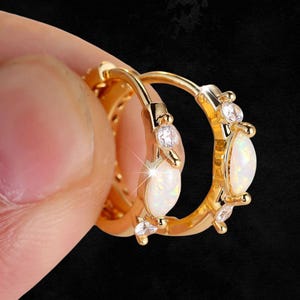 Opal Hoop Earrings, Gold Huggie Earrings for Women, Fire Opal & Zirconia Hoops, Elegant Minimalist Jewelry, Gift for Her, Pearl Huggie Hoop