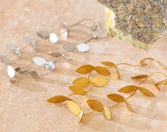 Gold Plated Leaf Dangle Earrings: Vintage Stainless Steel