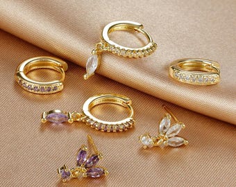 18K Gold Plated Zircon Earring Set – Crown Stud & Horse Eye Hoops