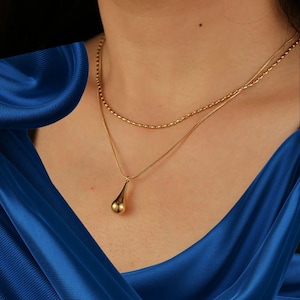 Water Drop Layered Necklace, 18K Gold or Silver Stainless Steel Pendant, Minimalist Double Chain Jewelry for Women Gift for Her, Choker Gold