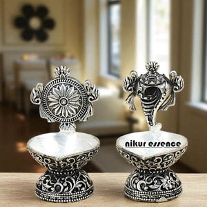 Pure Silver Handcrafted Shanku Chakra Deepam, Shanku Chakra Oil Lamp, Silver Diya for Puja & Festivals Diya for Pooja,  Puja Lamp, Puja Diya