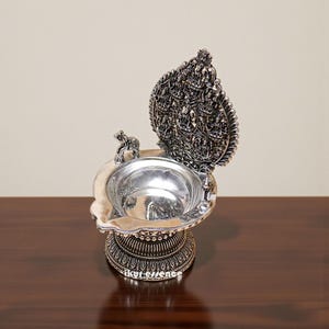 Pure Silver Handcrafted Laxmi Deepam, Lakshmi Oil Lamp, Silver Diya for Puja & Festivals Lakshmi Diya for Pooja, Hindu Prayer Lamp,Puja Diya