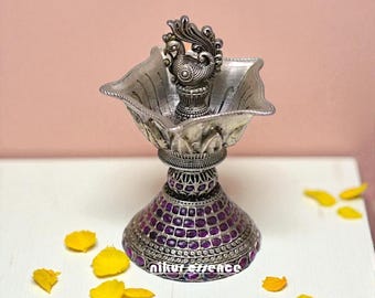 Pure Silver Handcrafted Ganesha Deepam, Ganesha Oil Lamp, Silver Diya for Puja & Festivals Ganesha Diya for Pooja, Hindu Prayer Puja Diya